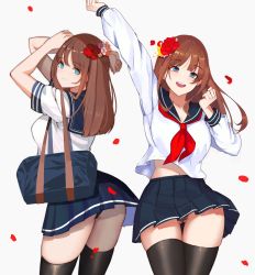 Rule 34 | 1girl, :d, arm up, ass, bad id, bad pixiv id, bag, black panties, black thighhighs, blue eyes, blue sailor collar, blue skirt, breasts, brown hair, closed mouth, clothes lift, flower, from behind, gongba laoge, hair flower, hair ornament, highres, holding, holding bag, legs together, long hair, looking at viewer, looking back, miniskirt, multiple views, neckerchief, open mouth, original, panties, pantyshot, petals, pleated skirt, red neckerchief, sailor collar, school bag, school uniform, serafuku, shirt, short sleeves, simple background, skirt, skirt lift, sleeve cuffs, smile, teeth, thigh gap, thighhighs, underwear, upper teeth only, white background, white shirt, wind, wind lift