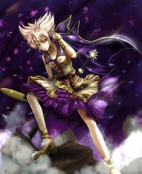 Rule 34 | 1girl, anklet, bracelet, breasts, cape, cleavage, collarbone, earmuffs, futagojima, jewelry, light brown hair, light smile, looking at viewer, pointy hair, purple cape, purple skirt, sandals, sash, sheath, sheathed, shirt, short hair, skirt, sleeveless, sleeveless shirt, small breasts, smoke, solo, sword, touhou, toyosatomimi no miko, weapon, yellow eyes