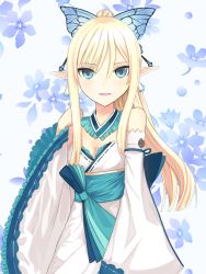 Rule 34 | 1girl, bare shoulders, blonde hair, blue eyes, breasts, choker, cleavage, detached collar, detached sleeves, dress, earrings, elf, flower, frills, hair ornament, highres, japanese clothes, jewelry, kirika towa alma, long hair, open mouth, pointy ears, ponytail, shining (series), shining resonance, wide sleeves