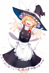 Rule 34 | 1girl, absurdres, apron, arms up, back bow, bad id, bad twitter id, black dress, black hat, blonde hair, blouse, blue sky, blush, bow, braid, buttons, closed eyes, dress, fang, fingernails, frills, hair between eyes, hair bow, hands up, hat, hat bow, highres, jill 07km, kirisame marisa, long fingernails, night, night sky, open mouth, puffy short sleeves, puffy sleeves, red bow, seiza, shirt, short hair, short sleeves, simple background, single braid, sitting, sky, sky print, smile, solo, space print, star (sky), star (symbol), star print, starry sky, starry sky print, teeth, tongue, touhou, white apron, white background, white bow, white shirt, witch hat