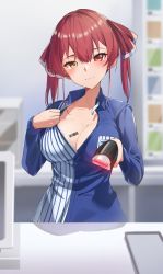 Rule 34 | 1girl, absurdres, barcode, barcode scanner, blush, breasts, cleavage, clothes pull, collarbone, collared shirt, hair between eyes, hair ribbon, heterochromia, highres, hololive, houshou marine, large breasts, lawson, looking at viewer, mixed eye color, red eyes, red hair, reulem, ribbon, shirt, shirt pull, short twintails, smile, solo, twintails, virtual youtuber, yellow eyes