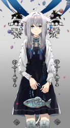 Rule 34 | 1girl, absurdres, ahoge, animal ears, belt, black dress, blue eyes, blue ribbon, boots, bow, breasts, closed mouth, collared shirt, dress, ear piercing, earrings, feet out of frame, fish, frilled sleeves, frills, grey background, grey hair, hair ribbon, higasizora-kai, highres, holding, jewelry, knee boots, long hair, long sleeves, looking at viewer, low-tied long hair, original, piercing, ribbon, shirt, sleeve bow, small breasts, smile, solo, standing, string, tail, white bow, white legwear, white shirt
