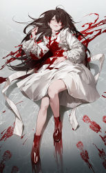 Rule 34 | 1girl, absurdres, blood, blood on clothes, blood on face, blood stain, bloody clothes, bloody dress, brown eyes, brown hair, dress, footprints, full body, highres, long hair, long sleeves, lying, nea (nongta2002), on back, original, red footwear, shoes, solo, tongue, tongue out, white dress