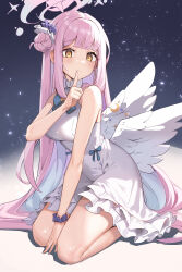 Rule 34 | 1girl, absurdres, bare arms, bare shoulders, blue archive, blue bow, blue bowtie, blush, bow, bowtie, breasts, closed mouth, commentary, dress, feathered wings, finger to mouth, flower, full body, hair bun, hair flower, hair ornament, halo, hand on ground, hand up, highres, index finger raised, long hair, looking at viewer, low wings, medium breasts, mika (blue archive), pink hair, purple flower, scrunchie, seiza, setakman, sidelocks, single side bun, sitting, solo, star (symbol), thighs, very long hair, white dress, wings, wrist scrunchie, yellow eyes