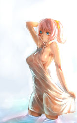 Rule 34 | 1girl, bare shoulders, blue eyes, bow (bhp), breasts, dress, hair ribbon, original, partially submerged, pink hair, ponytail, ribbon, sideboob, solo, standing, wading, water, white dress