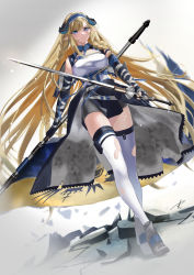 Rule 34 | 1girl, absurdres, arknights, bare shoulders, black gloves, black skirt, blonde hair, blue eyes, blue hairband, blue necktie, braid, breasts, commentary request, crossed legs, elbow gloves, flag, gloves, hairband, highres, holding, holding flag, holding sword, holding weapon, horns, large breasts, long hair, looking at viewer, miniskirt, necktie, partial commentary, pointy ears, rapier, saileach (arknights), shirt, skirt, solo, standing, sword, thighhighs, torn clothes, torn thighhighs, twin braids, very long hair, watson cross, weapon, white shirt, white thighhighs, yabacha, zettai ryouiki