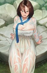 Rule 34 | 1girl, breasts, brown hair, cleavage, commentary, covered navel, cowboy shot, english commentary, green eyes, hair between eyes, hanbok, jagaimo (kkamja), jung yujin (jagaimo (kkamja)), korean clothes, large breasts, looking at viewer, medium hair, onsen, open mouth, original, panties, partially submerged, rock, see-through, sitting, thigh gap, thighs, underwear, water, wet, wet clothes, white panties
