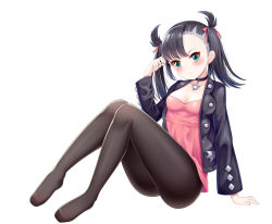 Rule 34 | 1girl, :t, black choker, black hair, black jacket, black nails, black pantyhose, blush, breasts, choker, closed mouth, collarbone, creatures (company), dress, feet, fengli (709622571), full body, game freak, hair ribbon, hand up, highres, jacket, legs, long sleeves, looking away, marnie (pokemon), nail polish, nintendo, no shoes, open clothes, open jacket, pantyhose, pink dress, pokemon, pokemon swsh, pout, red ribbon, ribbon, simple background, sitting, small breasts, solo, twintails, white background