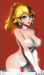 Rule 34 | 1girl, alternate costume, blonde hair, blue eyes, bra, breasts, commentary, detached collar, earrings, elbow gloves, english commentary, gloves, hair between eyes, highres, jewelry, large breasts, lingerie, lips, lipstick, long hair, looking at viewer, makeup, mario (series), nintendo, panties, ponytail, princess peach, red background, red lips, simple background, solo, sphere earrings, super mario bros. 1, tommy (kingdukeee), underwear, white bra, white gloves, white panties
