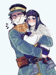 Rule 34 | 1boy, 1girl, ainu, ainu clothes, asirpa, bandana, belt, black hair, black headwear, blue coat, blue eyes, blue hair, blush, brown belt, brown eyes, buttons, cape, closed mouth, coat, eyeshadow, facial scar, full body, fur cape, golden kamuy, hat, highres, holding person, imperial japanese army, kakiku, kepi, long hair, long sleeves, looking at another, looking at viewer, makeup, military, military hat, military uniform, nose blush, parted lips, pouch, scar, scar on cheek, scar on face, scar on mouth, scar on nose, scarf, short hair, sidelocks, simple background, spiked hair, standing, star (symbol), sugimoto saichi, sweat, two-tone headwear, uniform, upper body, white background, white cape, yellow headwear, yellow scarf
