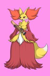 Rule 34 | 1girl, absurdres, animal ears, blush, breasts, creatures (company), delphox, dildo, fang, fox ears, fox tail, full body, furry, furry female, game freak, gen 6 pokemon, half-closed eyes, hands up, highres, kewon, looking at viewer, medium breasts, nintendo, open mouth, pink background, pokemon, pokemon (creature), pokemon xy, red eyes, sex toy, simple background, smile, solo, standing, tail, teeth