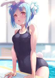 Rule 34 | 1girl, absurdres, animal ear fluff, animal ears, bare arms, bare shoulders, black one-piece swimsuit, blue hair, blurry, blurry background, blush, braid, braided bun, breasts, double bun, extra ears, hair bun, highres, hololive, looking at viewer, multicolored hair, nira (vira), one-piece swimsuit, open mouth, pool, rabbit ears, rabbit girl, rabbit tail, red eyes, sidelocks, small breasts, solo, streaked hair, swimsuit, tail, thick eyebrows, usada pekora, virtual youtuber, wet, wet clothes, wet swimsuit, white hair