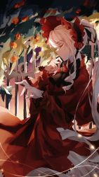 Rule 34 | 1girl, black bow, black bowtie, blonde hair, bonnet, bow, bowtie, closed eyes, cowboy shot, dress, drill hair, from side, hair ribbon, hands up, highres, long hair, long sleeves, no mouth, profile, red dress, red headwear, ribbon, rozen maiden, shinku, sidelocks, solo, twin drills, uqala, very long hair