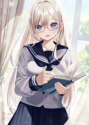 Rule 34 | 1girl, :d, black neckerchief, black sailor collar, black skirt, blue eyes, blunt bangs, book, breasts, buttons, collarbone, commentary, cowboy shot, curtains, day, fingernails, foliage, glasses, grey-framed eyewear, grey serafuku, hachimitsu monte, holding, holding book, indoors, large breasts, light brown hair, long hair, long sleeves, looking at viewer, muntins, neckerchief, open book, open mouth, original, pleated skirt, sailor collar, school uniform, serafuku, signature, skirt, sleeve cuffs, smile, solo, turning page, white stripes, window
