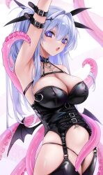 1girl :o arm_up armpits black_panties black_thighhighs breasts cleavage collarbone cowboy_shot fang garter_straps grey_hair hair_ornament highres large_breasts long_hair navel ompf original panties purple_eyes shiny_skin skindentation solo stomach_tattoo tattoo tentacles thighhighs underwear wings x_hair_ornament