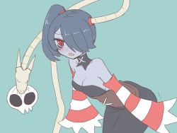 Rule 34 | 1girl, blue skin, blush, breasts, cleavage, colored skin, detached collar, detached sleeves, dress, hair over one eye, leviathan (skullgirls), purple hair, red eyes, side ponytail, skullgirls, squigly (skullgirls), stitched mouth, stitches, striped, striped sleeves, sumiyao (amam), zombie