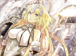 Rule 34 | 1girl, blonde hair, blue eyes, breasts, chain, fate/apocrypha, fate/grand order, fate (series), feathers, flag, gauntlets, jeanne d&#039;arc (fate), jeanne d&#039;arc (ruler) (fate), jeanne d&#039;arc (third ascension) (fate), kazabana fuuka, light rays, long hair, solo, sword, weapon