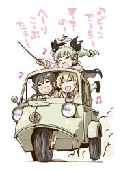 Rule 34 | &gt; &lt;, 10s, 3girls, :d, = =, anchovy (girls und panzer), anzio (emblem), anzio school uniform, baton, conductor baton, beamed eighth notes, beamed quavers, beret, black footwear, black hair, blonde hair, braid, cape, car, carpaccio (girls und panzer), closed eyes, commentary request, daihatsu midget, dress shirt, drill hair, driving, dust cloud, eighth note, emblem, floating hair, full body, girls und panzer, green hair, hair ribbon, happy, hat, holding, leg up, long hair, long sleeves, motor vehicle, multiple girls, music, musical note, necktie, open mouth, outstretched arm, pepperoni (girls und panzer), quaver, ribbon, right-hand drive, satomura kyou, school uniform, shirt, shoes, short hair, side braid, simple background, singing, smile, text focus, three-wheeler, translated, twin drills, twintails, vehicle focus, white background, white shirt