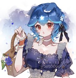 Rule 34 | 1girl, animal ears, artist name, bag, bao (vtuber), bao (vtuber) (6th costume), blue hair, blush, breasts, bunbbyart, cleavage, commission, dress, flower, frilled dress, frills, hair ribbon, hand up, highres, holding, holding bag, indie virtual youtuber, large breasts, liquid hair, looking at viewer, open mouth, red eyes, ribbon, solo, upper body, virtual youtuber, watermark, whale girl
