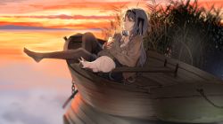 Rule 34 | 1girl, agnamore, animal, animal hug, bad id, bad pixiv id, black hairband, black skirt, brown eyes, brown jacket, brown pantyhose, cat, cloud, cloudy sky, collared shirt, commentary request, grey hair, hairband, horizon, jacket, korean commentary, long hair, long sleeves, open clothes, open jacket, original, pantyhose, pleated skirt, reflection, rowboat, shirt, sitting, skirt, sky, sleeves past wrists, solo, sunset, very long hair, water, white shirt