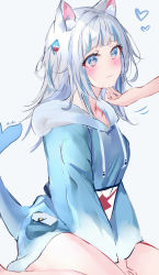 Rule 34 | 1girl, absurdres, animal ears, animal hood, blue eyes, blue hair, blush, fins, fish tail, gawr gura, hair ornament, hand on another&#039;s chin, heart, highres, hololive, hololive english, hood, hood down, mile (off8mile), multicolored hair, shark girl, shark hair ornament, shark hood, shark tail, sitting, stroking another&#039;s chin, tail, virtual youtuber, wariza, white hair