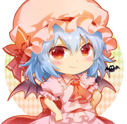 Rule 34 | 1girl, ascot, bat (animal), bat wings, blue hair, blush, chibi, circle, commentary request, dress, frilled shirt collar, frills, hair between eyes, hands on own hips, hat, hat ribbon, jokanhiyou, light particles, looking at viewer, mob cap, pink dress, pink hat, puffy short sleeves, puffy sleeves, red ascot, red eyes, red ribbon, red sash, remilia scarlet, ribbon, sash, short hair, short sleeves, simple background, smile, solo, touhou, upper body, white background, wings