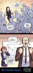 Rule 34 | 2girls, 6+girls, absurdres, balding, black shirt, blue pants, blush, breasts, brown hair, clenched hands, collared shirt, commentary, english commentary, english text, faceless, faceless male, glasses, graph, highres, holding, holding money, holding phone, holding tablet pc, jacket, korean text, medium hair, merryweather, miniskirt, mole, mole under eye, money, multiple girls, necktie, old, old man, original, osiimi, pants, phone, red hair, samsung, samsung sam, shirt, skirt, smile, sparkle, speech bubble, sweat, tablet pc