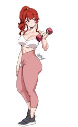 Rule 34 | 1girl, artist name, bare shoulders, black footwear, breasts, cleavage, collarbone, crop top, dumbbell, full body, highres, holding, large breasts, long hair, looking to the side, midriff, original, pants, parted lips, pink pants, red eyes, red hair, relaxjon, shirt, shoes, simple background, sneakers, solo, standing, white background, white shirt, yoga pants