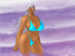 Rule 34 | 1girl, bikini, bracelet, breasts, cleavage, cloud, curvy, dark-skinned female, dark skin, eiden, female focus, gg quatre, grinis quatre gricom, hip focus, huge breasts, jewelry, lipstick, long hair, makeup, open mouth, outdoors, plump, purple eyes, red lips, sideboob, silver hair, smile, solo, standing, swimsuit, thick thighs, thighs, very long hair, wading, wallpaper, water, wet, wide hips