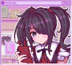Rule 34 | 1girl, ame-chan (needy girl overdose), black hair, black nails, black ribbon, cellphone, chalm s, closed mouth, collared shirt, hair ornament, hair over one eye, hand up, highres, holding, holding phone, long hair, looking at viewer, nail polish, neck ribbon, needy girl overdose, outline, phone, pixel art, red nails, red shirt, ribbon, shirt, smartphone, solo, suspenders, twintails, upper body, window (computing), x hair ornament, youtube creator award