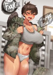 Rule 34 | 1girl, blush, breasts, brown hair, calvin klein, camouflage, camouflage jacket, clock, collarbone, combat helmet, commentary, dark-skinned female, dark skin, english commentary, english text, engrish commentary, fur-trimmed jacket, fur trim, green eyes, grey panties, grey sports bra, half-closed eyes, hands up, helmet, highres, hitch (perotoss), hood, hooded jacket, indoors, jacket, large breasts, looking ahead, navel, open clothes, open jacket, open mouth, original, paid reward available, panties, short hair, solo, sports bra, steaming body, stomach, sweat, sweat stain, toned, underwear, undressing, upper body