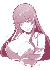 Rule 34 | 1girl, breasts, cleavage, dead or alive, head tilt, large breasts, long hair, monochrome, nyotengu, smile, solo, sweat, upper body