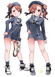 Rule 34 | 2girls, beret, brown eyes, brown hair, cosplay, dress, female focus, full body, futami ami, futami mami, gluteal fold, hand on own hip, hat, idolmaster, idolmaster (classic), kantai collection, legs, matching hair/eyes, multiple girls, naughty face, sailor dress, shift (waage), short hair, siblings, side ponytail, simple background, sisters, standing, thigh gap, thighs, twins, weapon, white background, z1 leberecht maass (kancolle), z1 leberecht maass (kancolle) (cosplay), z3 max schultz (kancolle), z3 max schultz (kancolle) (cosplay)