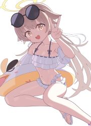 Rule 34 | 1girl, absurdres, bikini, blue archive, eyewear on head, frilled bikini, frills, halo, hifumi (blue archive), hifumi (swimsuit) (blue archive), highres, holding, holding swim ring, innertube, light brown hair, long hair, looking at viewer, low twintails, mabera, open mouth, sandals, simple background, solo, sunglasses, swim ring, swimsuit, twintails, v, very long hair, white background, white bikini, white footwear, yellow eyes