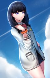Rule 34 | 1girl, artist name, bare legs, black hair, black skirt, blue eyes, blush, bow, bowtie, cardigan, cloud, commentary, day, english commentary, gridman universe, long hair, long sleeves, looking at viewer, orange scrunchie, red bow, red bowtie, reizdrawing, scrunchie, shirt, skirt, solo, ssss.gridman, straight hair, takarada rikka, white shirt