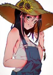 Rule 34 | 1girl, adjusting clothes, adjusting headwear, bad id, bad twitter id, black hair, blue overalls, bracelet, brown eyes, brown hat, flower, grin, hand in overalls, hat, hat flower, highres, jewelry, long hair, looking at viewer, original, overalls, shiomi (lowrise), shirt, simple background, sleeveless, sleeveless shirt, smile, solo, straw hat, sunflower, upper body, white background, white shirt