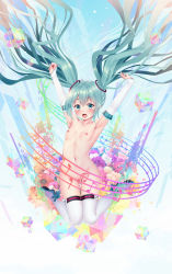 Rule 34 | 00s, 1girl, :o, abstract background, aqua eyes, aqua hair, armpits, arms up, beamed eighth notes, beamed sixteenth notes, blue background, blush, boots, bouquet, breasts, cleft of venus, collarbone, commentary request, convenient censoring, detached sleeves, eighth note, fingernails, floating hair, flower, full body, green nails, hair between eyes, hair ornament, hatsune miku, highres, jumping, knees together feet apart, long hair, long sleeves, looking at viewer, magical mirai (vocaloid), magical mirai miku, magical mirai miku (2017), matching hair/eyes, musical note, nail polish, navel, nipples, nude, open mouth, outstretched arms, puririn, pussy, pussy peek, quarter note, round teeth, sleeves past wrists, small breasts, solo, teeth, thigh boots, thigh gap, thighhighs, twintails, upper teeth only, very long hair, vocaloid, white footwear, white thighhighs