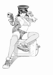Rule 34 | 1girl, aiming, aiming at viewer, armpits, belt, bikini, bikini under clothes, black hair, breasts, cleavage, collarbone, commentary request, copyright name, covered erect nipples, ex-arm, fingerless gloves, gloves, greyscale, groin, gun, hand on headwear, hand up, handgun, hat, highres, holding, holding gun, holding weapon, jacket, komi shin&#039;ya, looking at viewer, medium breasts, monochrome, navel, official art, open clothes, open jacket, pistol, police, police hat, police uniform, policewoman, print bikini, shadow, shoes, short shorts, shorts, sitting, smile, sneakers, solo, spread legs, star (symbol), star print, stomach, swimsuit, thighhighs, thighs, trigger discipline, twintails, uenozono minami, underwear, uniform, v-shaped eyebrows, weapon, white background