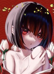 Rule 34 | 1girl, absurdres, bare shoulders, black hair, blush, bob cut, breasts, close-up, collarbone, commentary, flower, glowing, glowing eyes, hair over one eye, hand on own shoulder, highres, japanese clothes, kimono, kitsutsuki tsuki, long bangs, looking at viewer, off shoulder, original, pink flower, portrait, red background, red eyes, red kimono, short hair, small breasts, solo