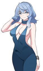 Rule 34 | 1girl, absurdres, ako (blue archive), ako (dress) (blue archive), azmi yudista, bare arms, bare shoulders, blue archive, blue choker, blue dress, blue eyes, blue hair, breasts, choker, commentary request, cowboy shot, dress, hand in own hair, hand up, highres, large breasts, long hair, looking at viewer, simple background, sleeveless, sleeveless dress, smile, solo, standing, white background