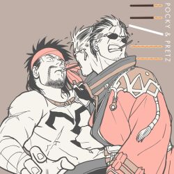 Rule 34 | 2boys, 4100, arm sling, armor, auron, bara, black hair, brown background, chest tattoo, english text, facial hair, final fantasy, final fantasy x, food, food in mouth, gloves, hand on another&#039;s shoulder, headband, japanese clothes, jecht, long hair, male focus, mature male, motion blur, multicolored hair, multiple boys, muscular, muscular male, pocky, pocky kiss, ponytail, red eyes, scar, scar across eye, shared food, shoulder armor, simple background, sunglasses, tattoo, topless male, two-tone hair, yaoi