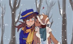 Rule 34 | 2girls, a hat in time, aged up, alternate costume, animal hat, blush, bow kid, brown hair, brown jacket, closed eyes, coat, curly hair, dark-skinned female, dark skin, forest, grey sky, hat, hat adult, hat kid, heart, itsahat69, jacket, kissing cheek, multiple girls, nature, ponytail, purple coat, scarf, sky, snowing, spoken heart, winter, winter clothes, winter coat, yellow scarf, yuri