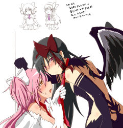 Rule 34 | 10s, 2girls, akemi homura, akuma homura, bare shoulders, black gloves, black hair, black wings, blush, bow, breasts, dress, elbow gloves, feathered wings, gloves, hair bow, highres, kaname madoka, large breasts, long hair, looking at viewer, mahou shoujo madoka magica, mahou shoujo madoka magica: hangyaku no monogatari, multiple girls, necktie, necktie grab, neckwear grab, oman (evld), open mouth, pink hair, purple eyes, red necktie, smile, spoilers, two side up, ultimate madoka, white dress, white gloves, wife and wife, wings, yellow eyes, yuri