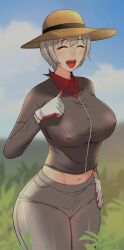 Rule 34 | 1girl, black shirt, blush, closed eyes, glory hole (manhwa), gloves, grey pants, hand up, hat, highres, kang ayoung, open mouth, pants, shirt, sky, smile, solo, white gloves