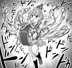 Rule 34 | 1girl, afterimage, blowing, blush, commentary, drum, drumming, drumsticks, emphasis lines, endless eight, floating hair, foot out of frame, greyscale, gussuripii, hat, highres, holding, holding drumsticks, instrument, kita high school uniform, kneehighs, loafers, looking ahead, monochrome, motion lines, nagato yuki, out of character, partially translated, party hat, party horn, pom pom (clothes), puffy cheeks, school uniform, serafuku, shoes, short hair, short sleeves, skirt, socks, solo, sound effects, standing, standing on one leg, summer uniform, suzumiya haruhi no yuuutsu, translation request