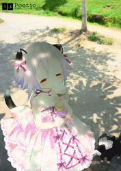 Rule 34 | = =, androgynous, animal ears, bell, blush, bow, cat ears, cat tail, closed eyes, crona (soul eater), day, double scoop, dress, floral print, food, food in mouth, food on face, frilled dress, frills, gender request, hair between eyes, hair ribbon, holding, holding food, ice cream, ice cream on face, jingle bell, licking, melting, mouth hold, neck ribbon, outdoors, photo background, pink bow, pink dress, pleated dress, print bow, print dress, purple hair, ragnarok (demon sword), red ribbon, ribbon, sakurazawa izumi, short hair, sleeveless, sleeveless dress, soft serve, soul eater, tail, tree