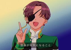 Rule 34 | 1990s (style), 1boy, chinese clothes, closed eyes, earrings, eyepatch, hayato suou, highres, jewelry, kosame31, open mouth, red hair, retro artstyle, school uniform, short hair, smile, solo, upper body, wind breaker (nii satoru)