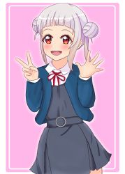 Rule 34 | 1girl, absurdres, arashi chisato, artist name, artist request, belt, blue cardigan, blue jacket, blush, bow, bowtie, breasts, buttons, cardigan, collared shirt, cropped jacket, double bun, dress, dress shirt, female focus, grey belt, grey shirt, grey skirt, hair bun, hair tie, heart, heart (symbol), heart print, highres, jacket, long hair, long sleeves, looking at viewer, love live!, love live! superstar!!, miniskirt, nail, nail polish, neck ribbon, o-ring, o-ring belt, parted lips, pink background, pink nails, plaid, plaid skirt, pleated, pleated skirt, red bow, red eyes, red ribbon, ribbon, school uniform, shirt, skirt, small breasts, smile, solo, star (symbol), twintails, v, white hair, white shirt, wing collar, yuigaoka school uniform