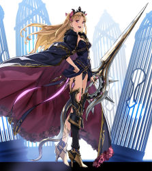 Rule 34 | 1girl, :d, armor, armored boots, asymmetrical legwear, birdcage, black dress, black footwear, black leotard, black thighhighs, blonde hair, boots, bow, cage, cape, cloak, dress, ereshkigal (fate), fate/grand order, fate (series), fur trim, greaves, hair bow, hand on own hip, high heel boots, high heels, highres, holding, holding sword, holding weapon, lance, leotard, long hair, open mouth, parted bangs, polearm, purple bow, purple eyes, red eyes, single greave, single thighhigh, skull, smile, solo, spine, sword, teeth, thighhighs, thighs, tiara, tohsaka rin, two side up, uneven legwear, weapon, yahako