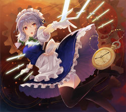 Rule 34 | 1girl, :o, apron, black footwear, black thighhighs, blue dress, bow, braid, breasts, clothes lift, commentary request, dress, dress lift, falken (yutozin), frilled apron, frills, gears, gloves, green bow, hair between eyes, hair bow, izayoi sakuya, knife, maid apron, maid headdress, medium breasts, open mouth, petticoat, pocket watch, puffy short sleeves, puffy sleeves, red eyes, shoes, short hair, short sleeves, silver hair, solo, thighhighs, thighs, touhou, twin braids, waist apron, watch, white apron, white gloves